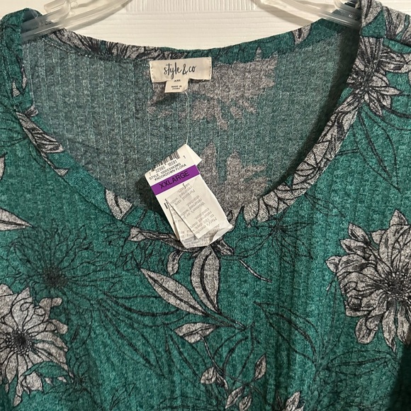 NWT Style & Co Green Floral  Tie-Front Lantern Sleeve Ribbed Top - Picture 3 of 7